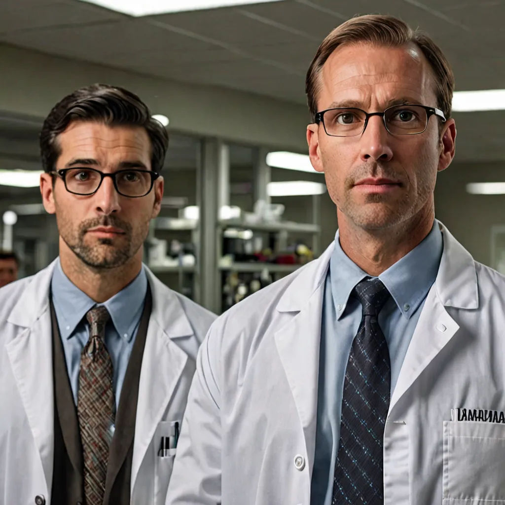 two men in lab coats and ties standing in a room with other men in suits and ties around them, international gothic, a colorized photo, Doc Hammer, promotional image