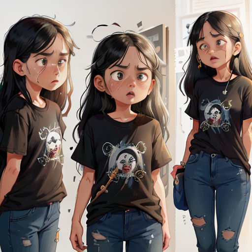 a girl with a creepy face and a creepy face on her shirt is standing in front of a mirror