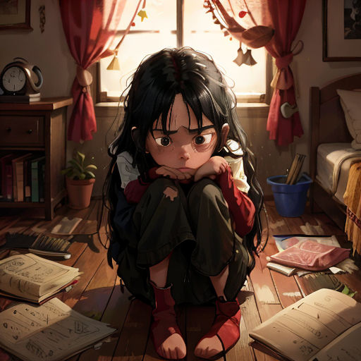 a girl sitting on the floor with her hands on her knees and looking at a book on the floor