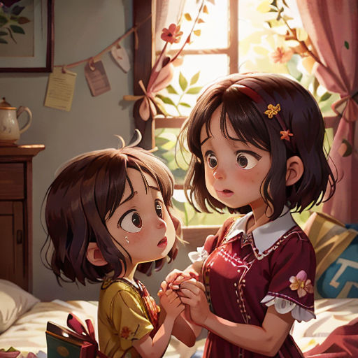 two young girls standing in a bedroom next to a window with a flower on it's head and a book in her hand