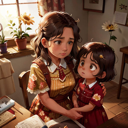 a girl and a girl sitting at a table with books and a book in front of them, both looking at the camera
