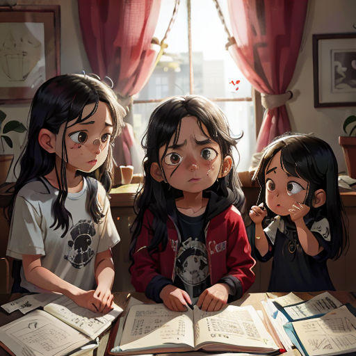 three children sitting at a table with books in front of them and looking at the camera with a surprised look on their faces