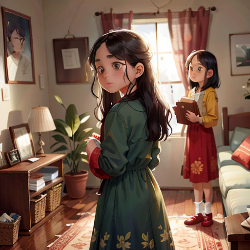 a girl in a green dress standing in a living room next to a doll on a couch and a man in a red shirt