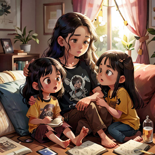 a woman sitting on a couch with two children next to her and a book on the floor next to her