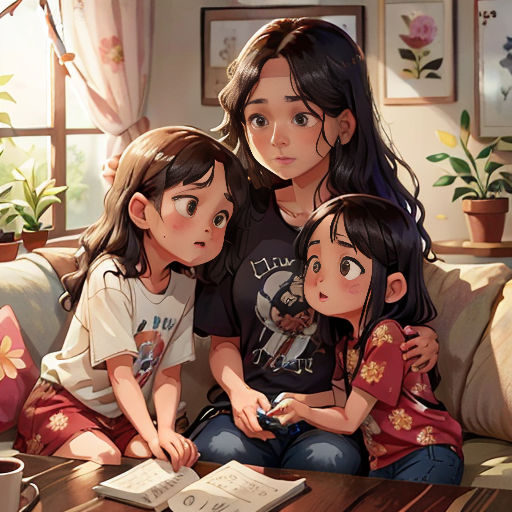 a painting of three children sitting on a couch with a book and coffee mug in front of them,