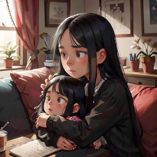 a woman and a child sitting on a couch in a living room with a book on the table and a plant in the corner