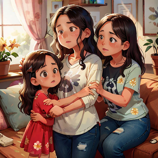 two girls sitting on a couch with a flower pot in the background and a window behind them, with a cat on the floor