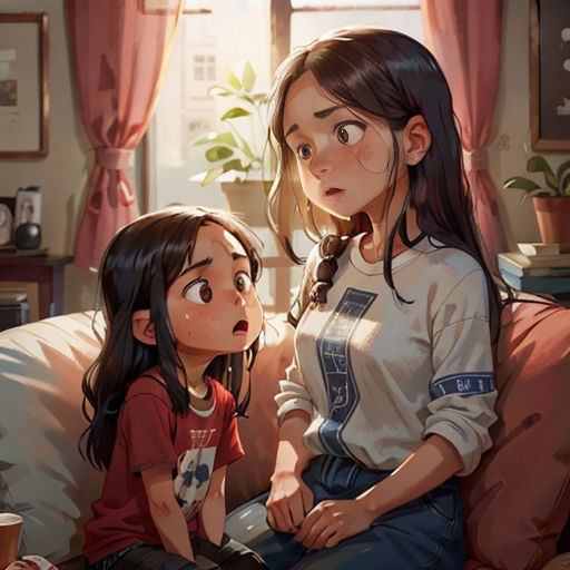 a woman and a girl sitting on a couch looking at each other with a surprised look on their faces