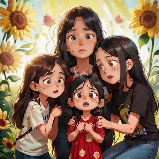 a group of children standing next to each other in front of a sunflower field with a woman and two children