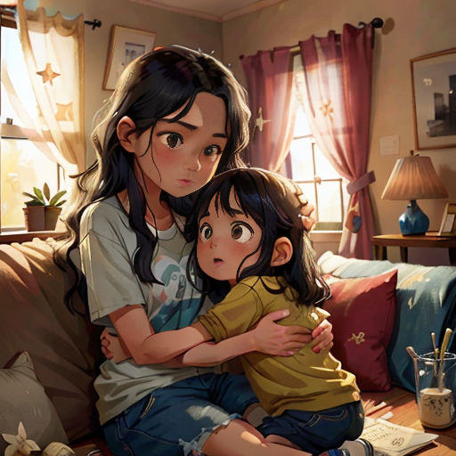 a woman and a child sitting on a couch in a living room together, hugging and looking at a laptop