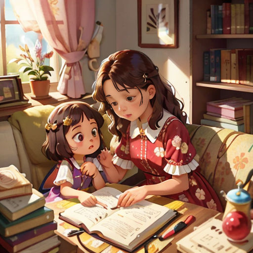a girl and a girl sitting at a table with books and a doll in front of them, reading