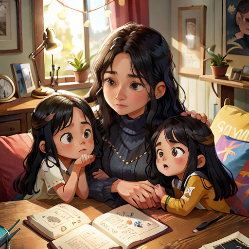 a woman and two children sitting at a table with an open book in front of them and a book on the table
