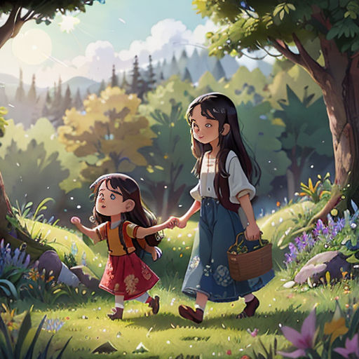 two children walking through a forest holding hands and carrying baskets of flowers in their hands, with a forest in the background