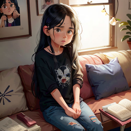 a girl sitting on a couch with a book and a book on a table next to her, with a window behind her