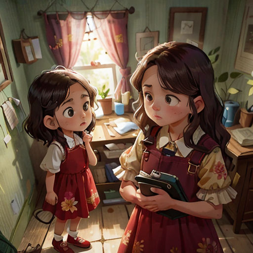 two little girls standing in a kitchen next to a window with a potted plant on the counter and a potted plant on the floor