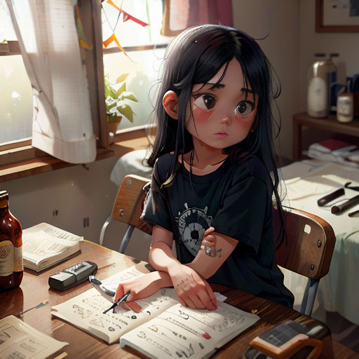 a girl sitting at a table with a book and pen in her hand and a bottle of beer in the background