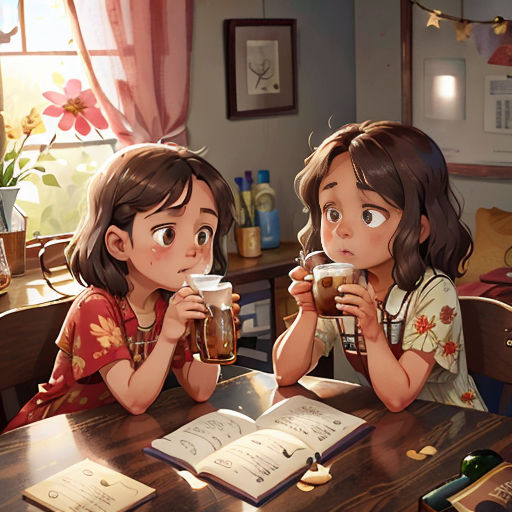 two girls sitting at a table with a book and a mug of beer in front of them, both looking at the book
