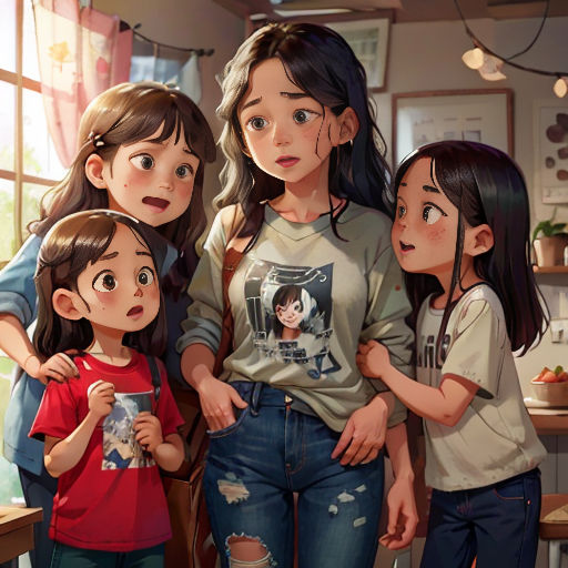 a group of children standing next to each other in a kitchen with a window behind them and a woman holding a cell phone
