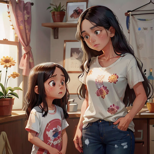 a woman and a child standing in a kitchen next to a window with a potted plant on the counter