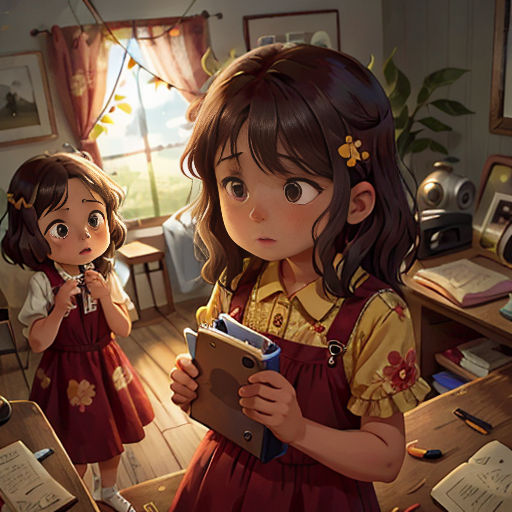 a girl in a red dress holding a clipboard in a room with other children and a desk with a book