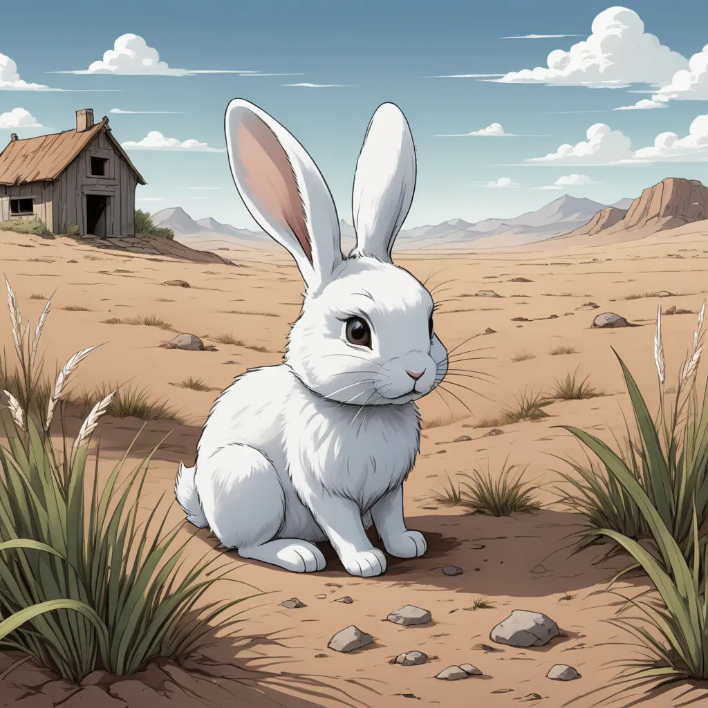 a white rabbit sitting in the middle of a desert area with a house in the background and a few clouds in the sky, furry art, a storybook illustration, Beatrix Potter, walton ford