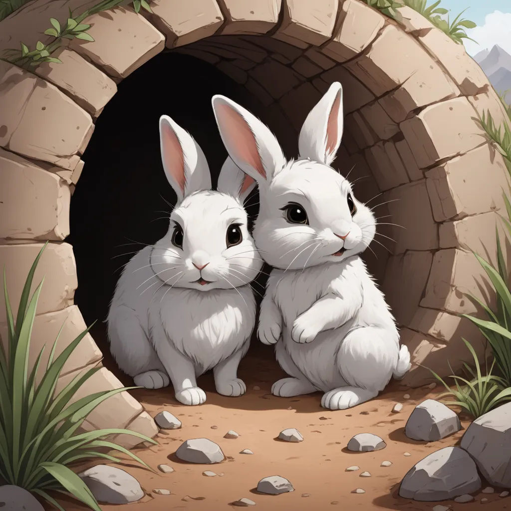 two rabbits sitting in a tunnel with rocks and grass around them, looking out at the viewer, with a mountain in the background, furry art, a storybook illustration, Beatrix Potter, rossdraws global illumination