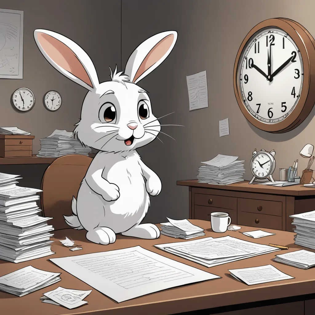 a cartoon rabbit sitting at a desk with a clock and papers on it's desk and a clock in the background, computer art, a storybook illustration, Don Bluth, storybook illustration