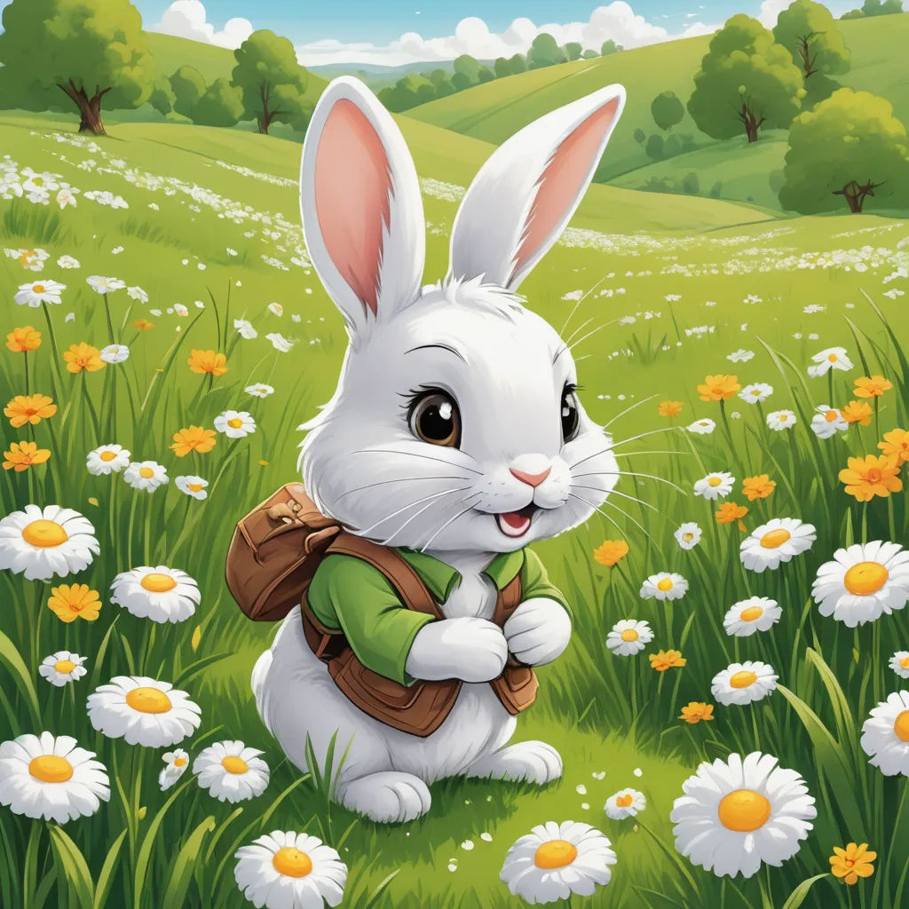 a white rabbit with a backpack in a field of daisies and daisies illustration by alex macgreon, furry art, a character portrait, Beatrix Potter, official art