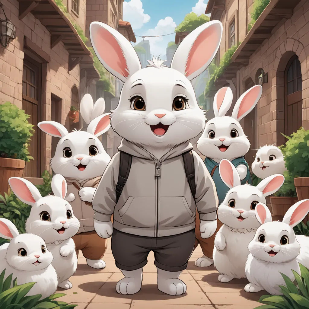 a cartoon of a man standing in front of a group of rabbits in a courtyard with a building in the background, furry art, a storybook illustration, Chen Hong, official art