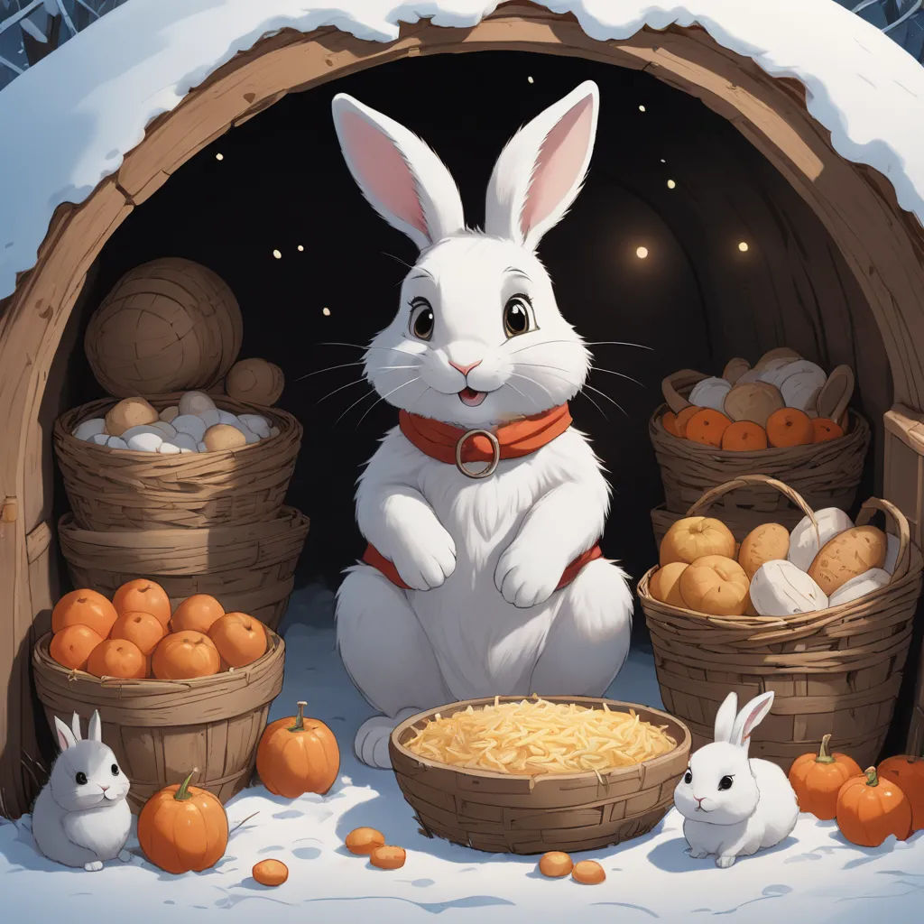 a white rabbit sitting in a tunnel with baskets of food and pumpkins in it's lap and a snow covered area, fantasy art, a storybook illustration, Beatrix Potter, rossdraws global illumination