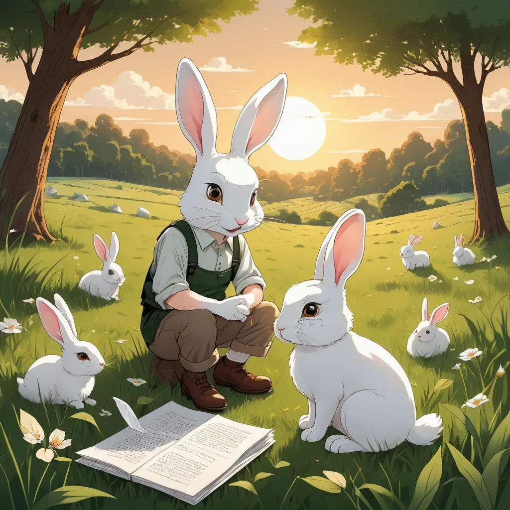 a man sitting in the grass with two rabbits next to him and a book in front of him,, magic realism, a storybook illustration, Chris LaBrooy, rossdraws global illumination