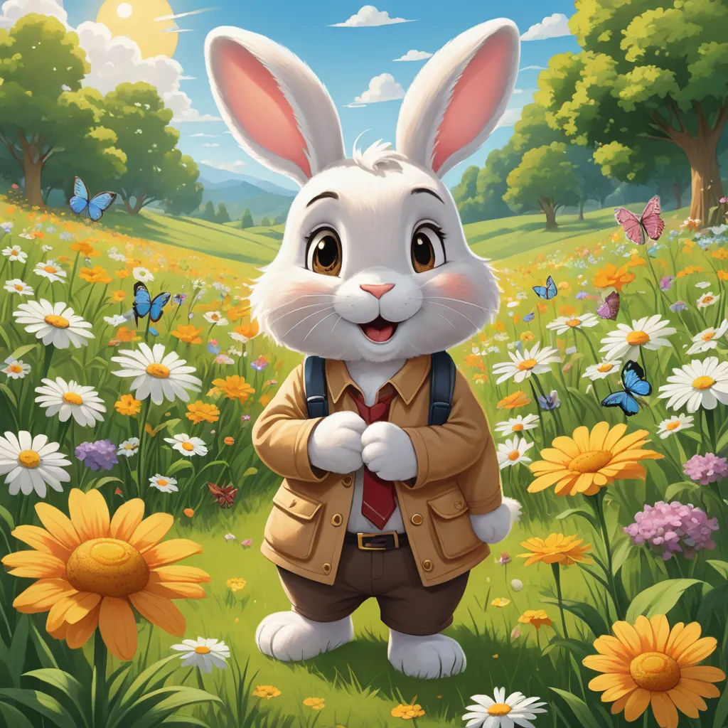 a cartoon bunny standing in a field of flowers with a suit on and a tie on his lap,, furry art, a character portrait, Beatrix Potter, official art