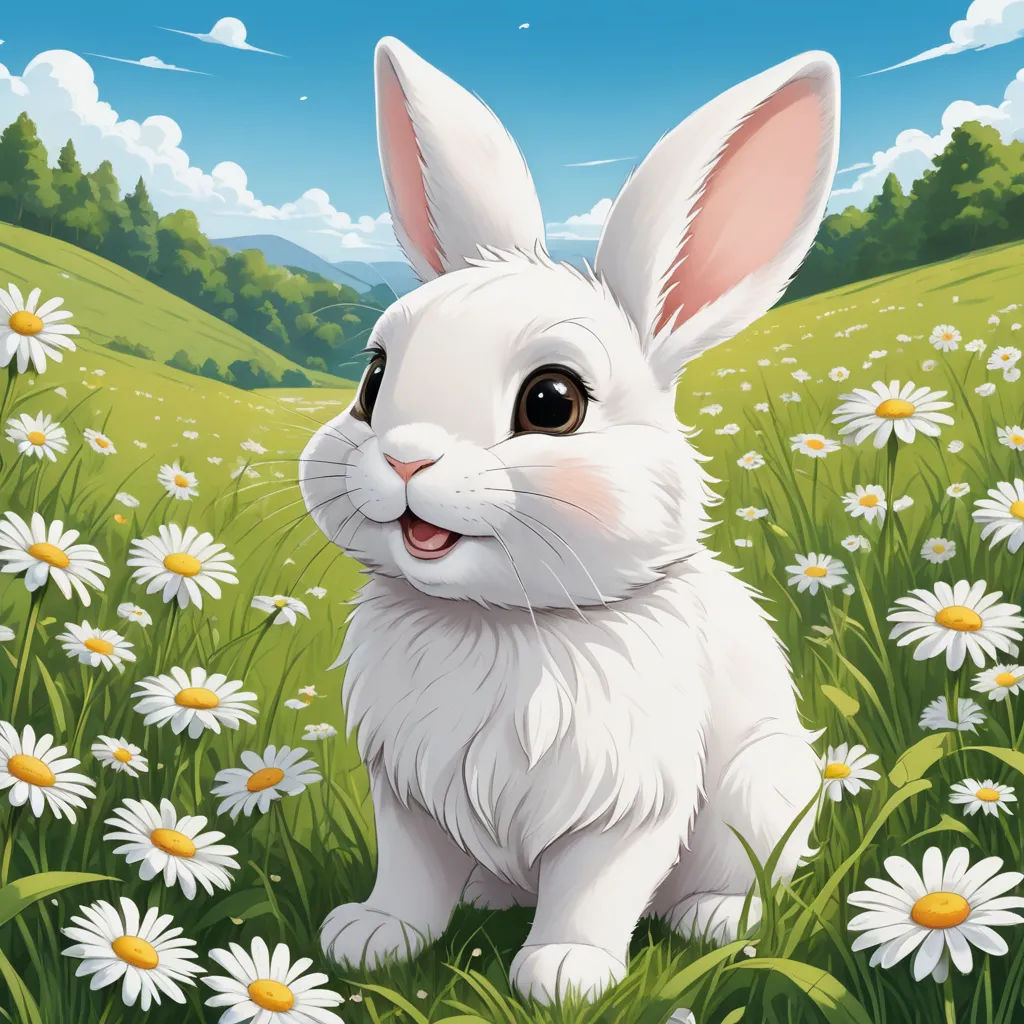a white rabbit sitting in a field of daisies with a sky background and clouds in the background,, furry art, a character portrait, Claire Hummel, rossdraws global illumination
