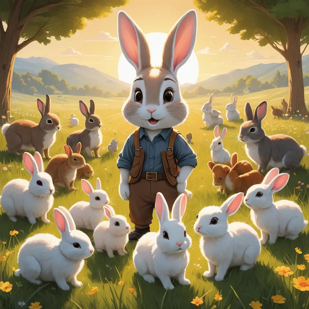 a painting of a rabbit standing in a field with many rabbits around him and a man in a blue shirt, furry art, a storybook illustration, Aaron Jasinski, rossdraws global illumination