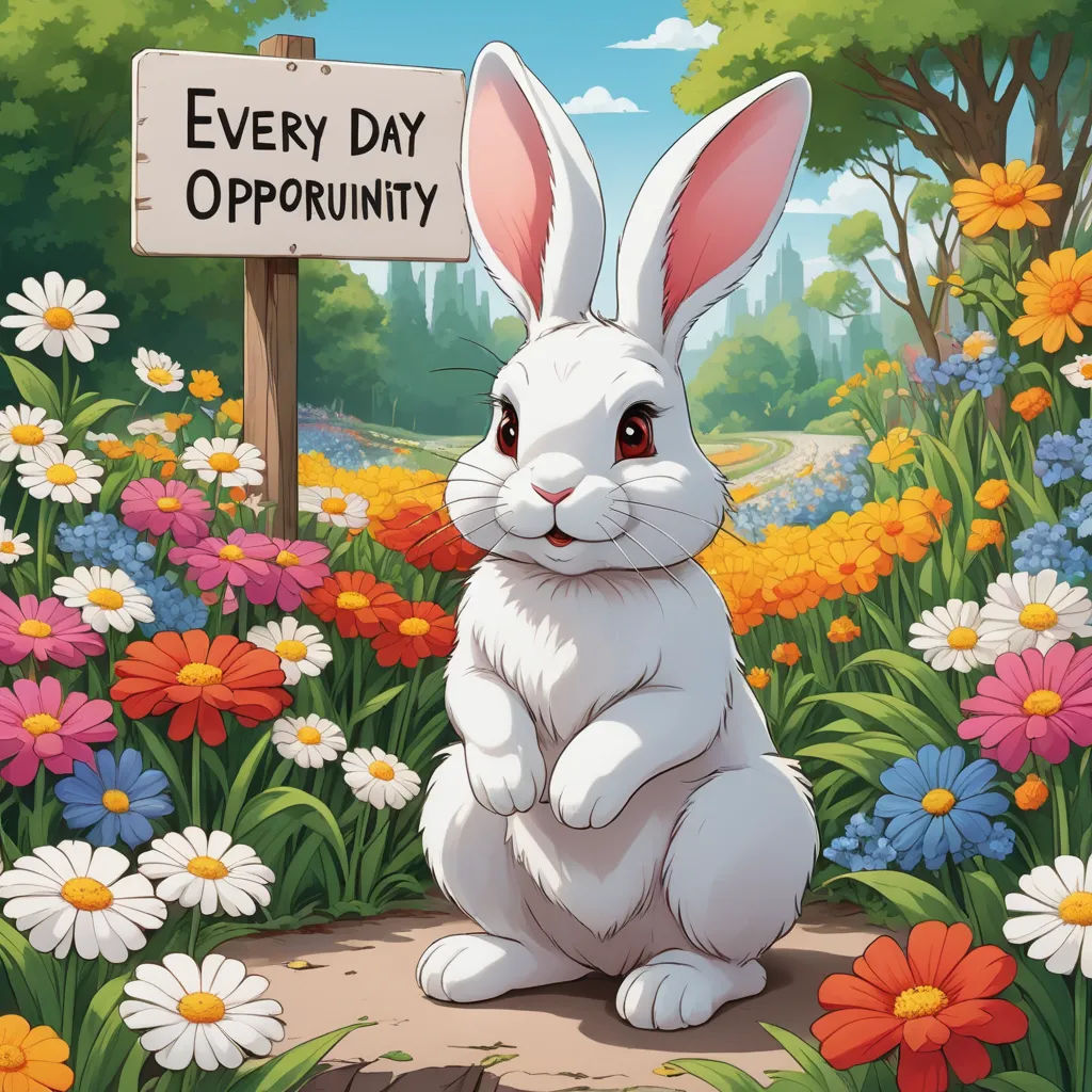 a white rabbit sitting in a field of flowers next to a sign that says every day opportunity on it, furry art, a storybook illustration, Beatrix Potter, furaffinity