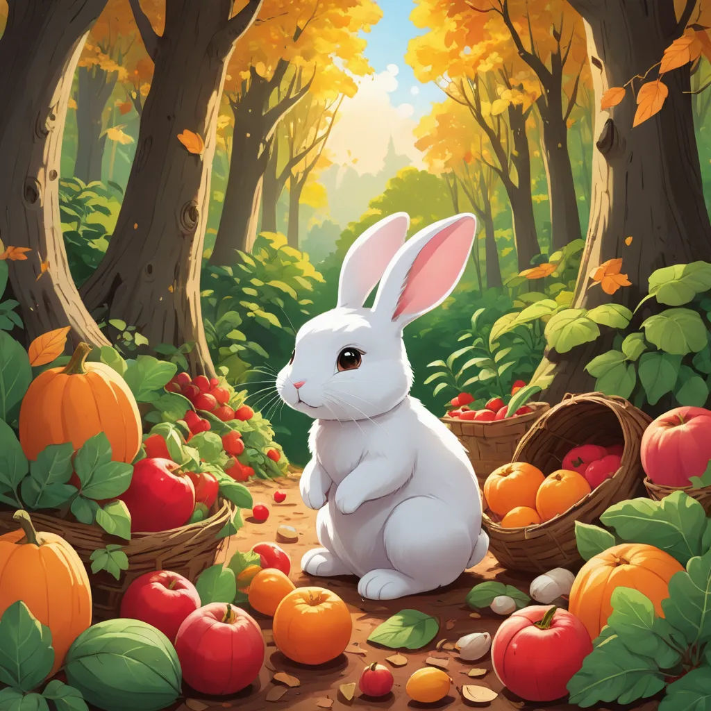 a white rabbit sitting in a forest with apples and pumpkins in the foreground and a basket of apples in the background, fantasy art, a storybook illustration, Chris LaBrooy, official art