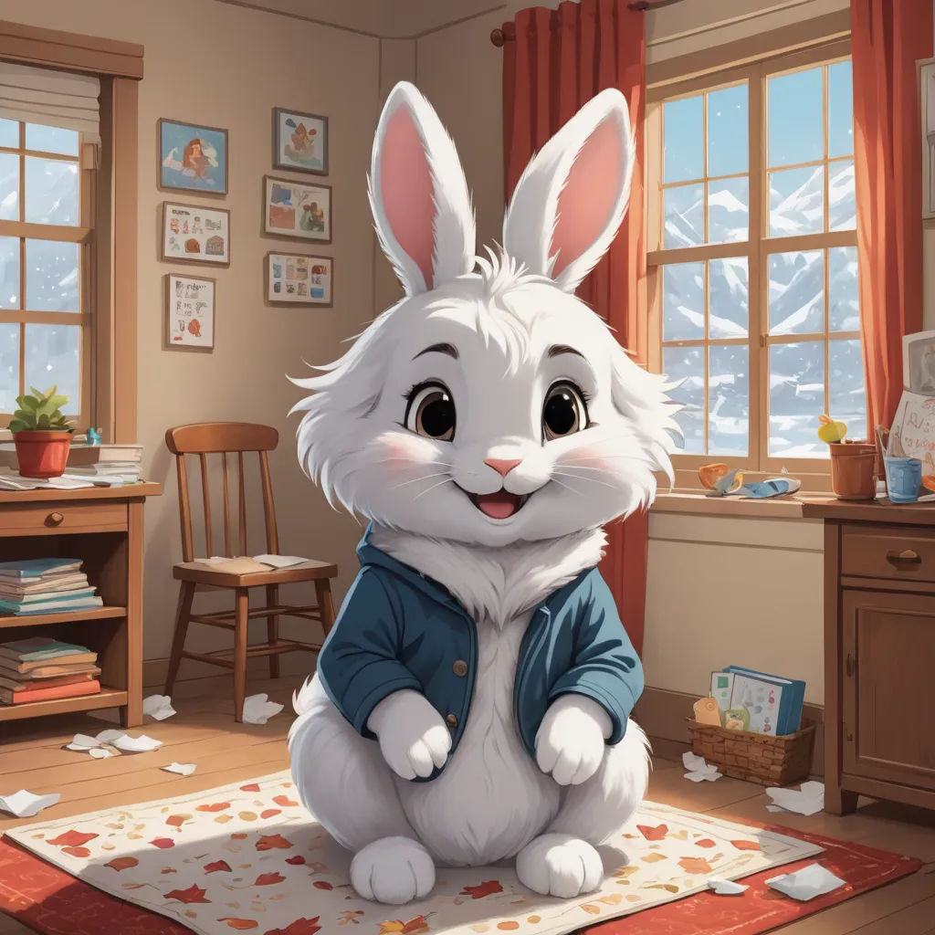 a cartoon bunny sitting on a rug in a room with a desk and a chair in the background and a window with a mountain view, furry art, a storybook illustration, Chris LaBrooy, trending on art station