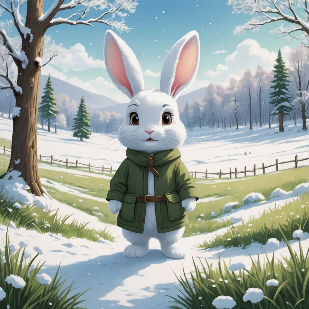 a painting of a white rabbit in a green jacket in a snowy field with trees and snow covered ground, furry art, a storybook illustration, Chris LaBrooy, trending on art station