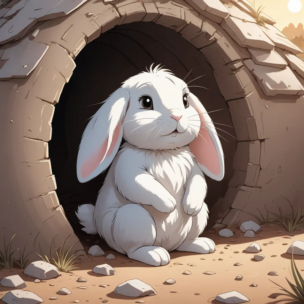 a rabbit sitting in a hole in the ground with rocks and grass around it, looking out at the sun, furry art, a storybook illustration, Beatrix Potter, rossdraws global illumination