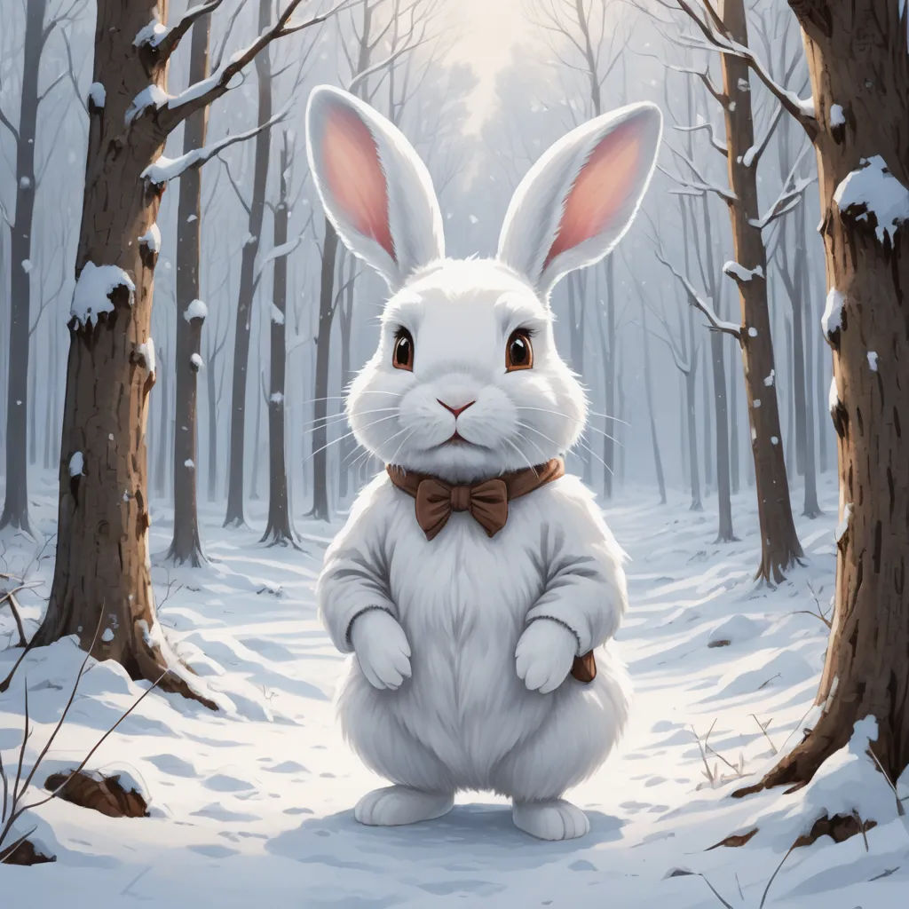 a white rabbit with a bow tie standing in the snow in front of trees and snow covered ground with snow, furry art, a storybook illustration, Aaron Jasinski, rossdraws global illumination