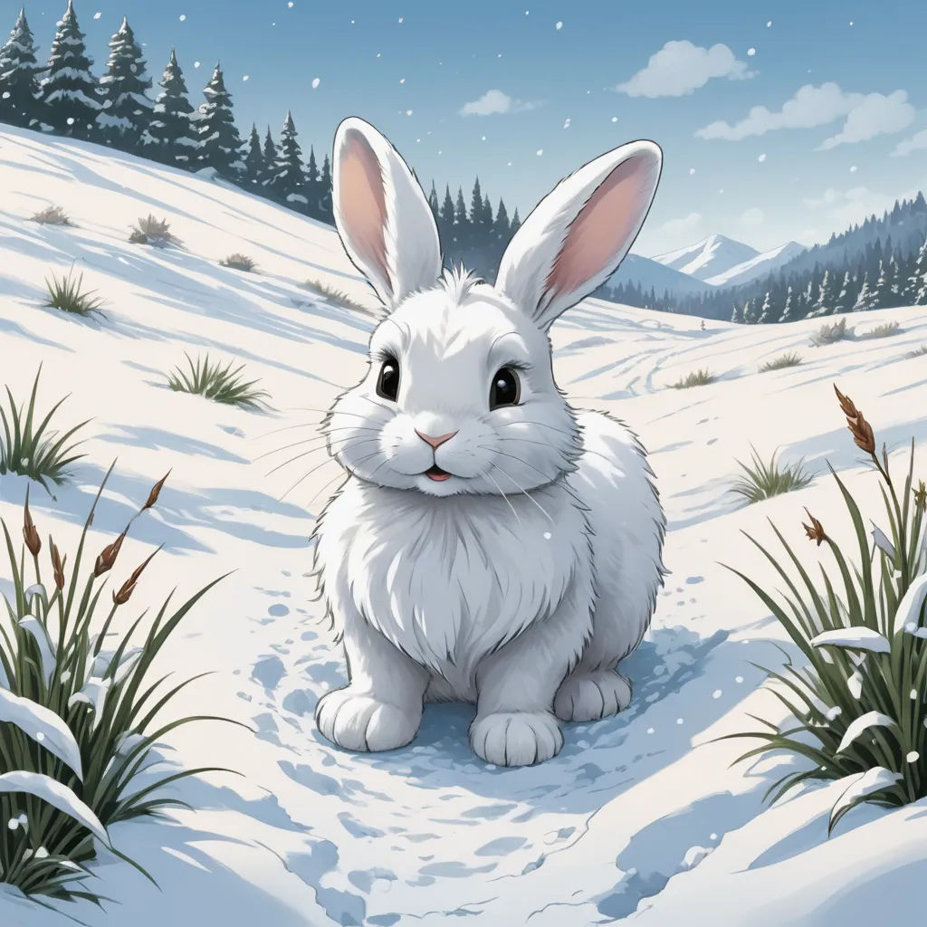a white rabbit sitting in the snow with a snowy landscape behind it and trees in the background, with snow falling on the ground, furry art, a storybook illustration, Chris LaBrooy, official art