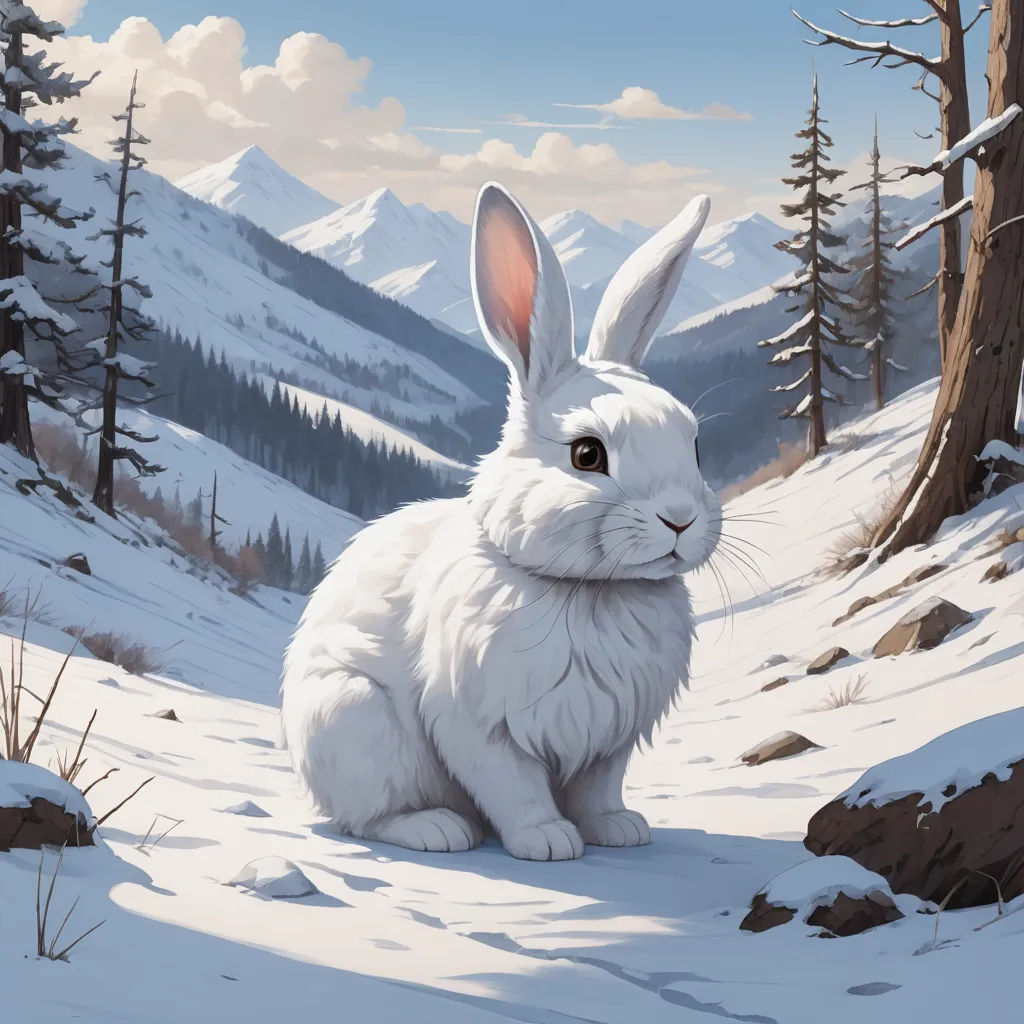 a painting of a white rabbit sitting in the snow in front of a mountain landscape with trees and snow, furry art, a digital painting, Chris LaBrooy, trending on art station