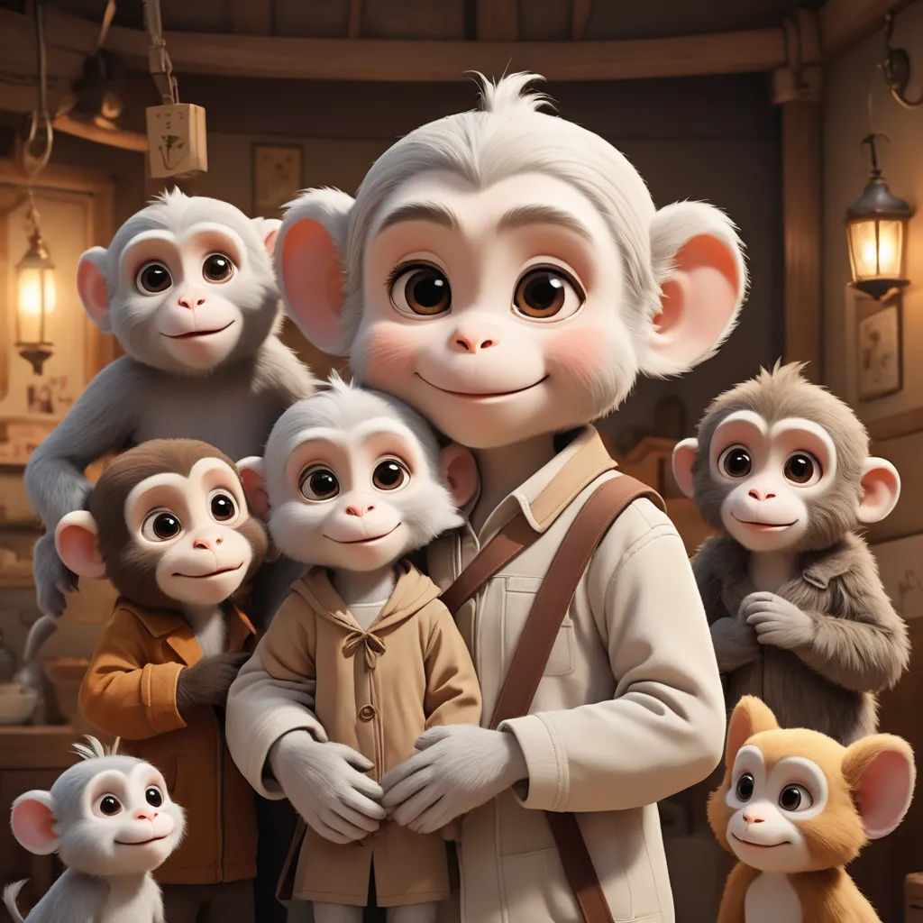a man standing next to a group of monkeys in a room with lights on the ceiling and a lamp on the wall, furry art, a poster, Cliff Childs, key art