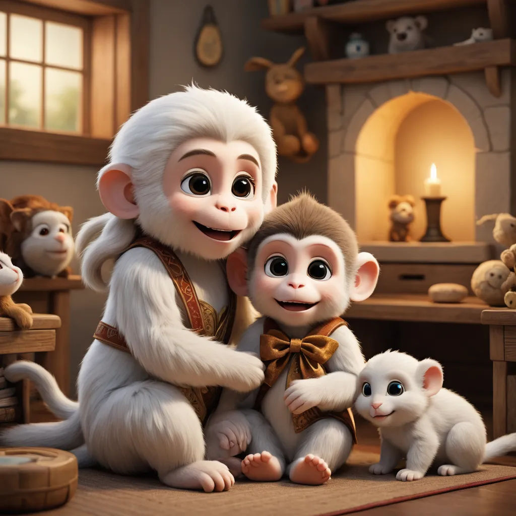a monkey and two monkeys are sitting on a table with a fireplace in the background and a teddy bear is standing next to them, furry art, a poster, Du Jin, promotional image