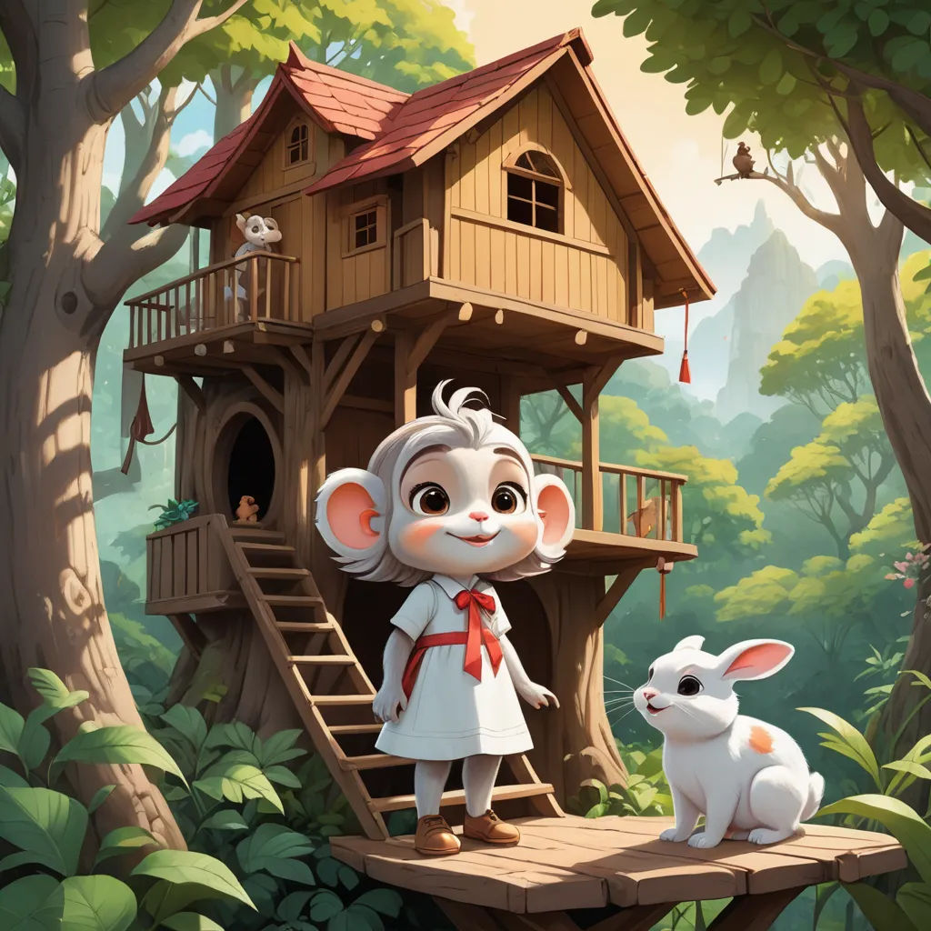 a cartoon mouse standing on a platform next to a rabbit in a forest with a tree house in the background, furry art, a storybook illustration, Chris LaBrooy, rossdraws global illumination