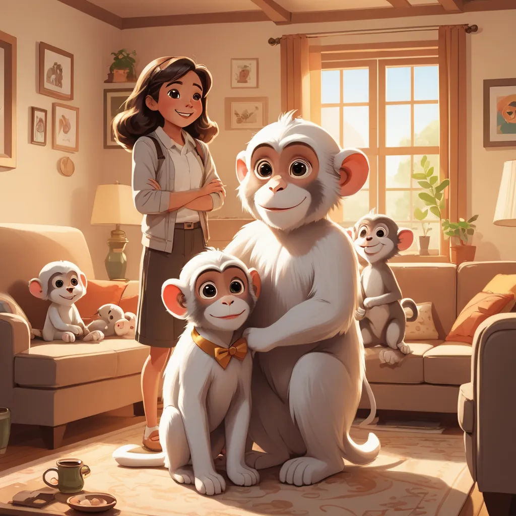 a woman standing next to a group of monkeys in a living room with a window behind her and a couch, furry art, an oil painting, Chris LaBrooy, cgstudio