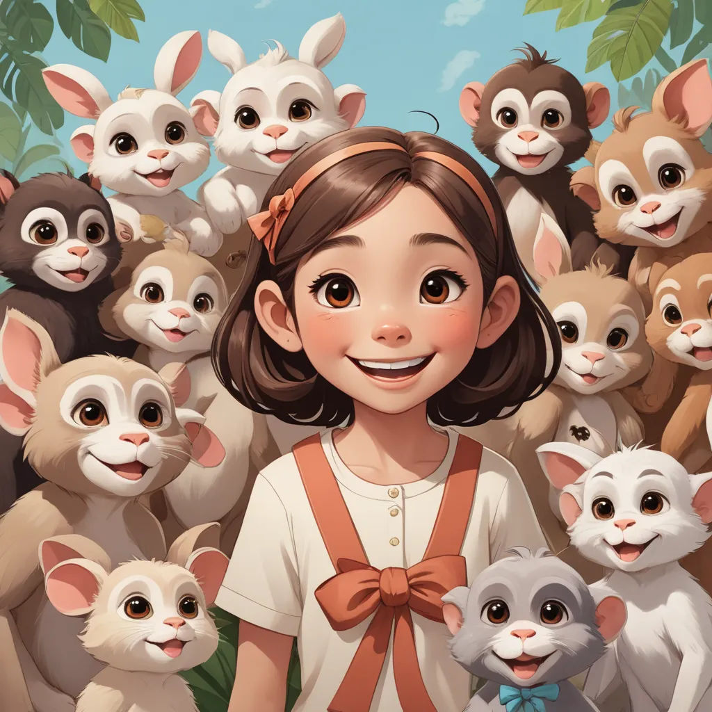 a girl standing in front of a bunch of animals with a smile on her face and a bunch of other animals behind her, furry art, a storybook illustration, Diego Gisbert Llorens, trending on art station