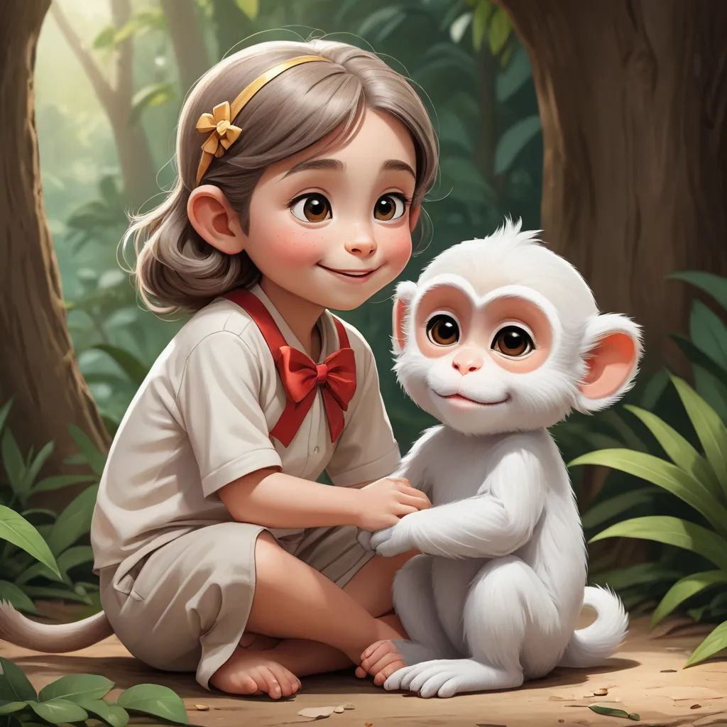 a girl is holding a small monkey in a forest with trees and leaves behind her, and a monkey is sitting on the ground, furry art, a painting, Chen Hong, cgstudio