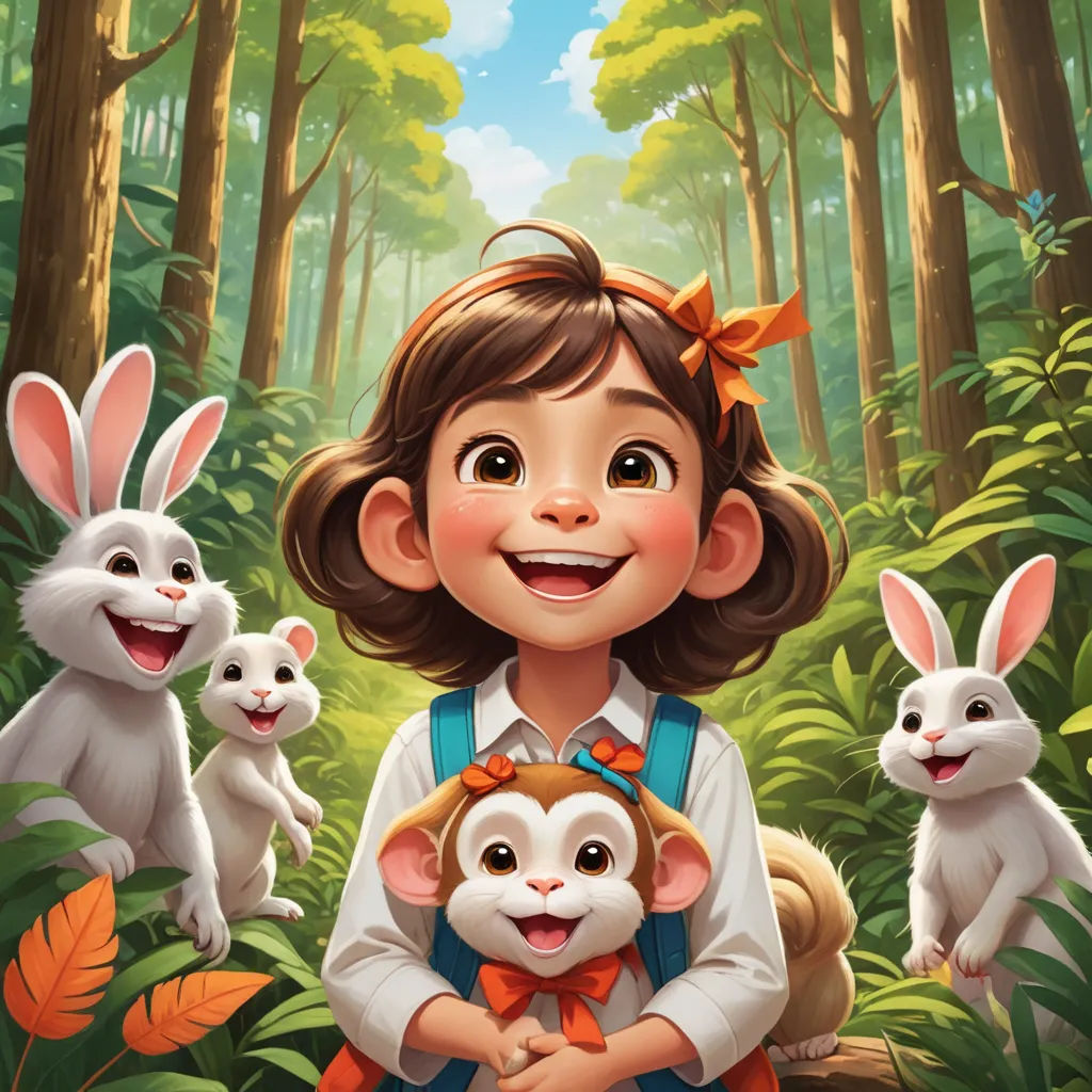 a girl holding a rabbit in the forest with other rabbits around her and smiling at the camera with a forest background, furry art, a storybook illustration, Daphne McClure, promotional image