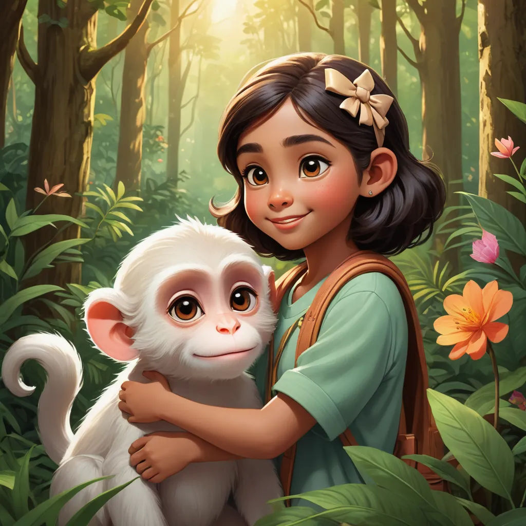 a girl holding a monkey in a forest with flowers and trees in the background, with a sunbeam, furry art, a storybook illustration, Ella Guru, promotional image